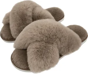Metog Women's Fuzzy Cross Band Indoor/Outdoor Soft Open Toe Slippers