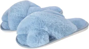 Metog Women's Fuzzy Cross Band Indoor/Outdoor Soft Open Toe Slippers