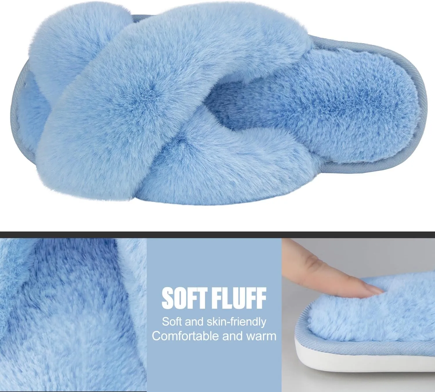 Metog Women's Fuzzy Cross Band Indoor/Outdoor Soft Open Toe Slippers