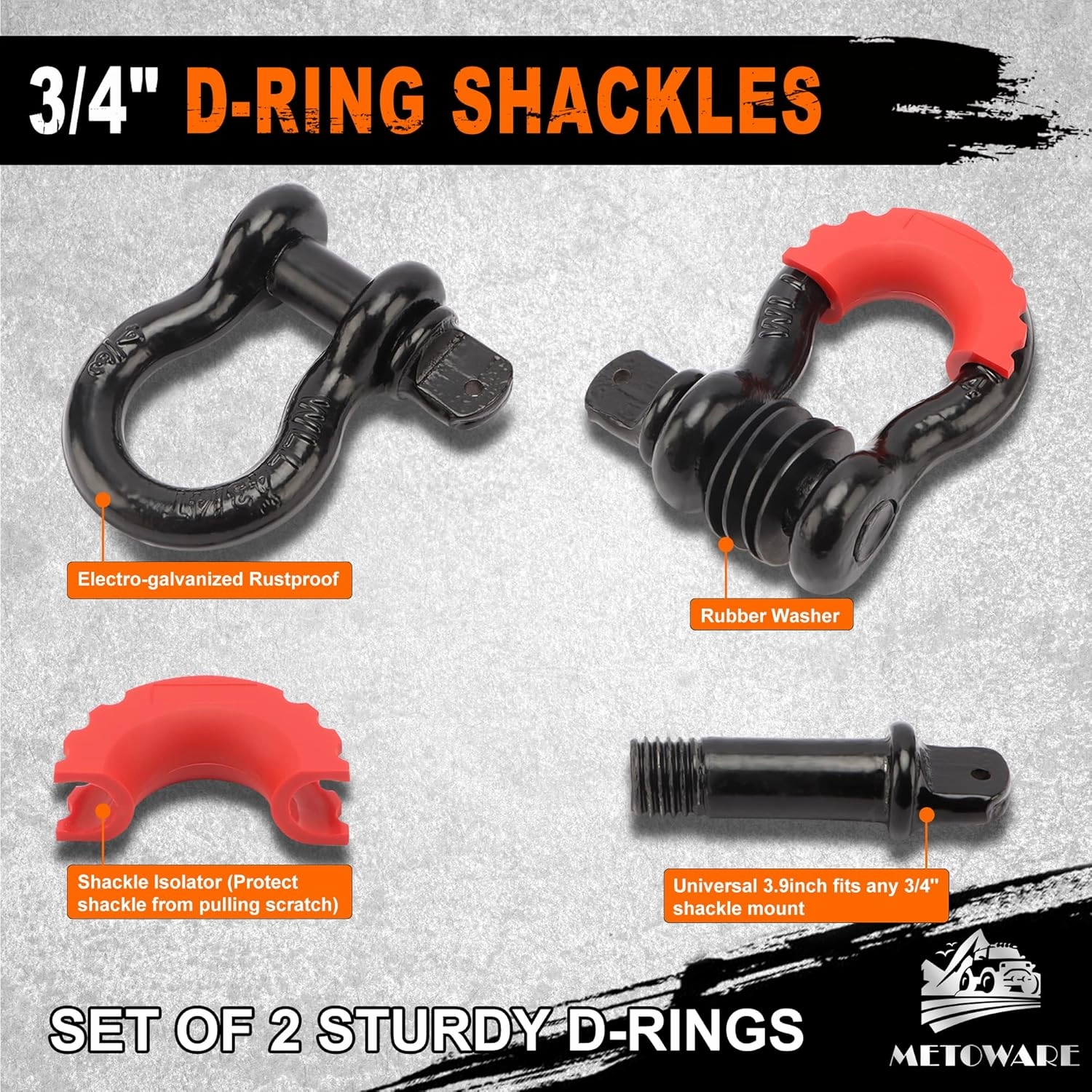 METOWARE Heavy Duty Tow Strap Recovery Kit - 3" x 20ft(35,000lbs) Tree Saver Winch Strap   3/4" D Ring Shackles(2pcs)   Storage Bag - Truck, SUV, ATV Off Road Towing Strap Kit