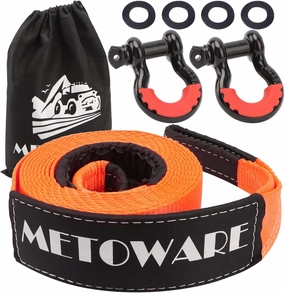 METOWARE Heavy Duty Tow Strap Recovery Kit - 3" x 20ft(35,000lbs) Tree Saver Winch Strap   3/4" D Ring Shackles(2pcs)   Storage Bag - Truck, SUV, ATV Off Road Towing Strap Kit