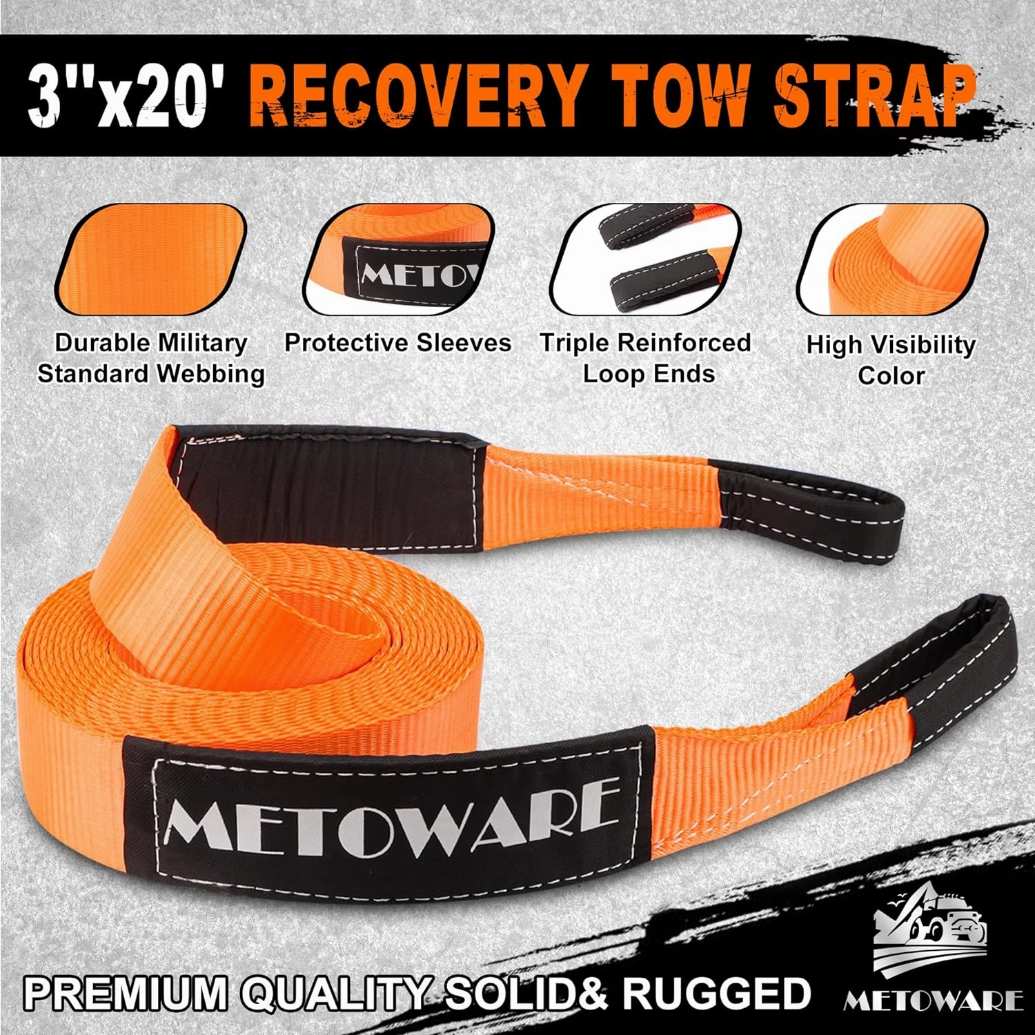METOWARE Heavy Duty Tow Strap Recovery Kit - 3" x 20ft(35,000lbs) Tree Saver Winch Strap   3/4" D Ring Shackles(2pcs)   Storage Bag - Truck, SUV, ATV Off Road Towing Strap Kit
