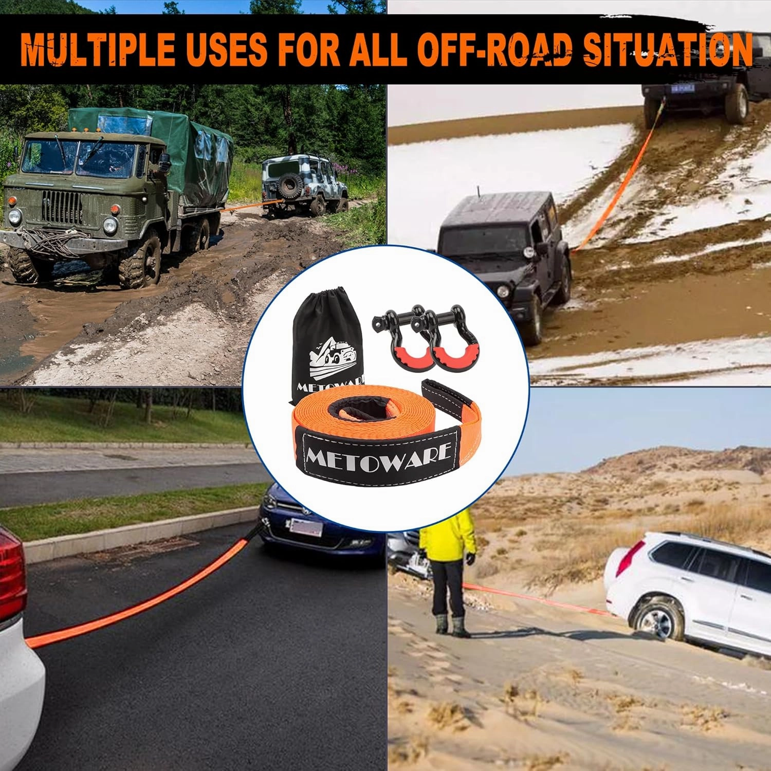 METOWARE Heavy Duty Tow Strap Recovery Kit - 3" x 20ft(35,000lbs) Tree Saver Winch Strap   3/4" D Ring Shackles(2pcs)   Storage Bag - Truck, SUV, ATV Off Road Towing Strap Kit