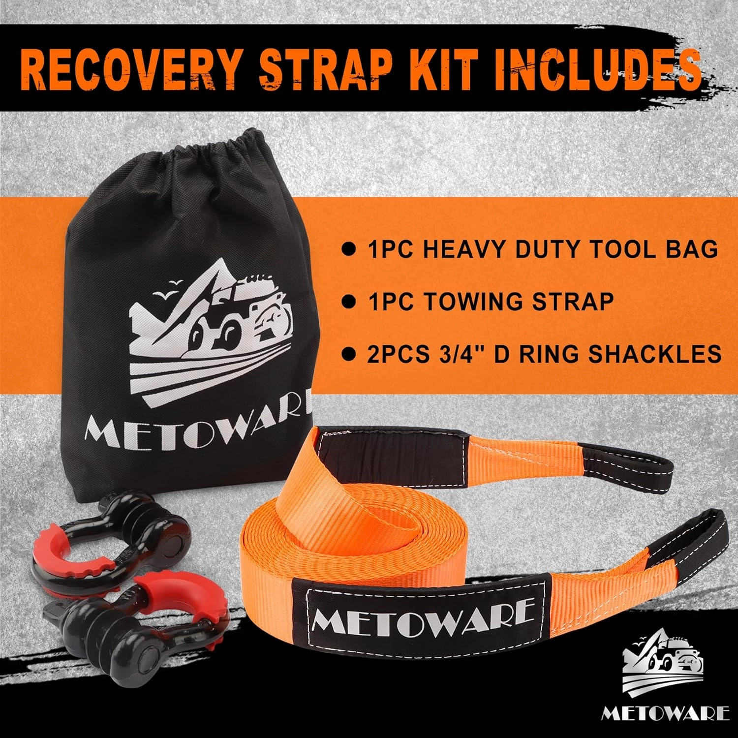 METOWARE Heavy Duty Tow Strap Recovery Kit - 3" x 20ft(35,000lbs) Tree Saver Winch Strap   3/4" D Ring Shackles(2pcs)   Storage Bag - Truck, SUV, ATV Off Road Towing Strap Kit