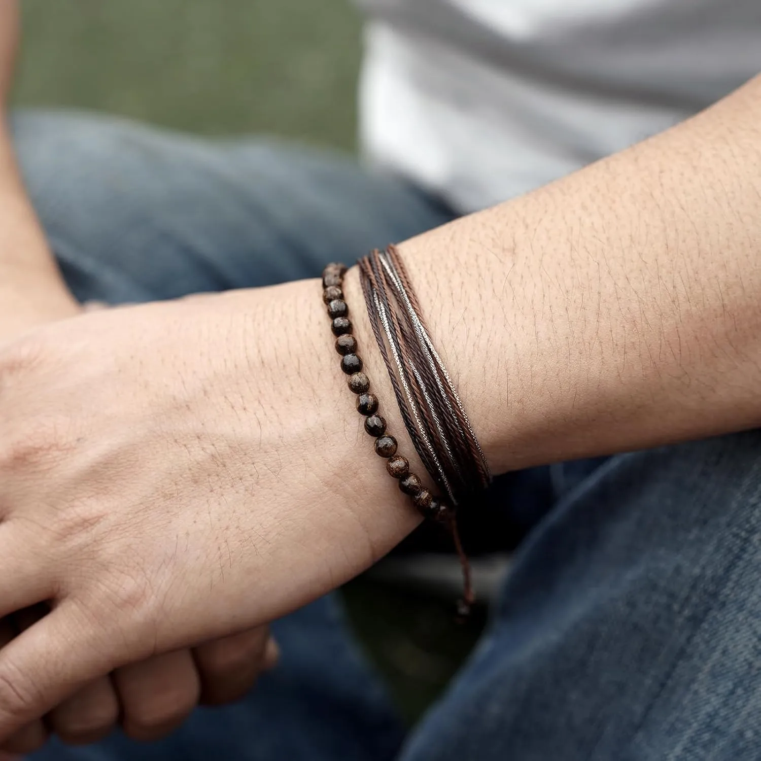 Mezcla Vida Natural Stone Beaded Bracelets for Men Women Unisex Adjustable Waterproof Rope Bracelets Set Valentine's Day Birthday Gifts for Boyfriend Husband Him (Bronzite)
