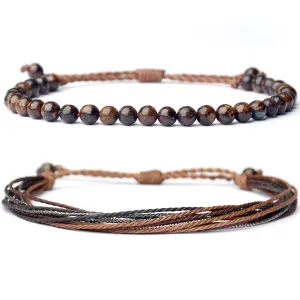 Mezcla Vida Natural Stone Beaded Bracelets for Men Women Unisex Adjustable Waterproof Rope Bracelets Set Valentine's Day Birthday Gifts for Boyfriend Husband Him (Bronzite)
