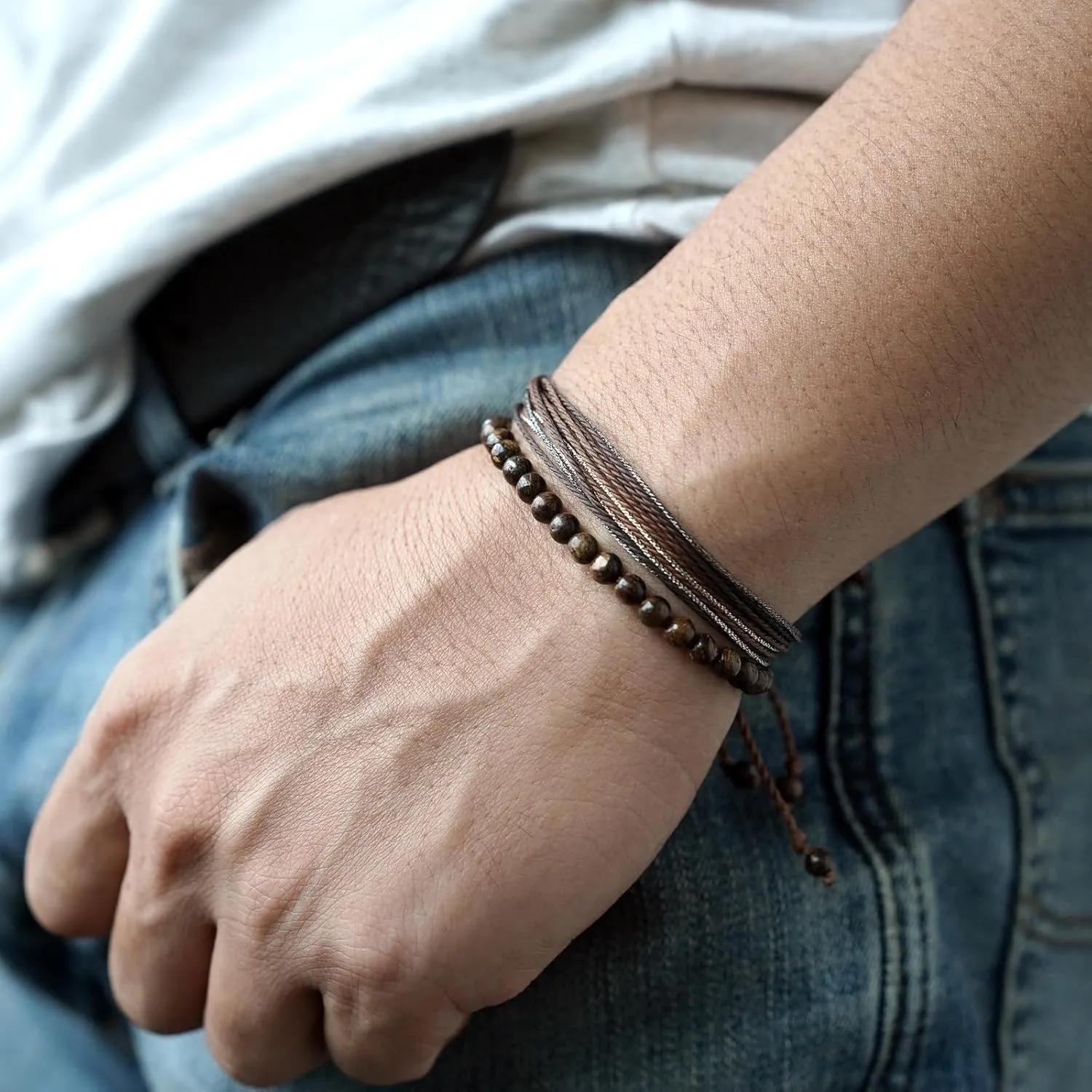 Mezcla Vida Natural Stone Beaded Bracelets for Men Women Unisex Adjustable Waterproof Rope Bracelets Set Valentine's Day Birthday Gifts for Boyfriend Husband Him (Bronzite)