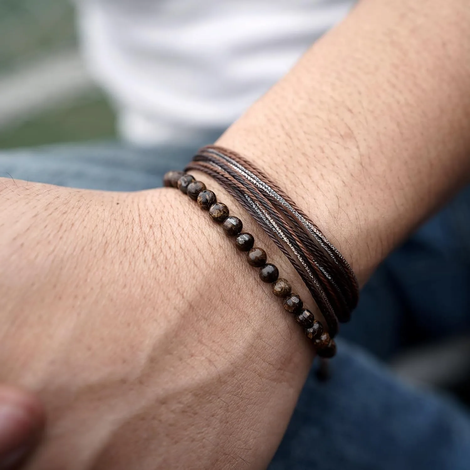 Mezcla Vida Natural Stone Beaded Bracelets for Men Women Unisex Adjustable Waterproof Rope Bracelets Set Valentine's Day Birthday Gifts for Boyfriend Husband Him (Bronzite)