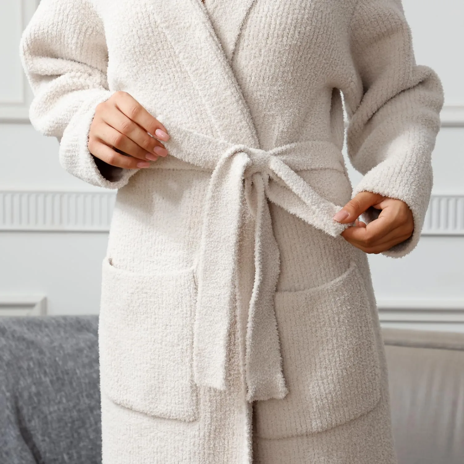 MH MYLUNE HOME Ultra Soft Robe With Pockets, Spa Bathrobe Loungewear Calf-Length, Plush Fuzzy Fluffy Wrap Robe for Women