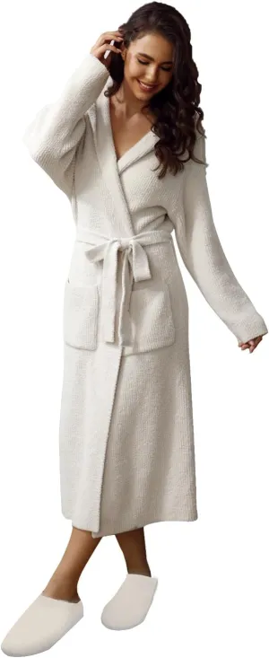 MH MYLUNE HOME Ultra Soft Robe With Pockets, Spa Bathrobe Loungewear Calf-Length, Plush Fuzzy Fluffy Wrap Robe for Women