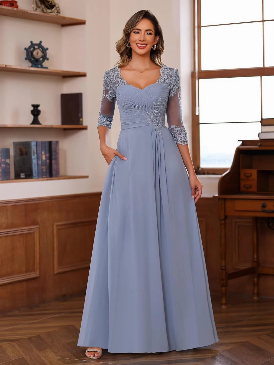 Miao Duo Women's Lace Appliqued Mother of The Bride Dresses 3/4 Sleeves Scoop Long Formal Evening Dress MDPM107