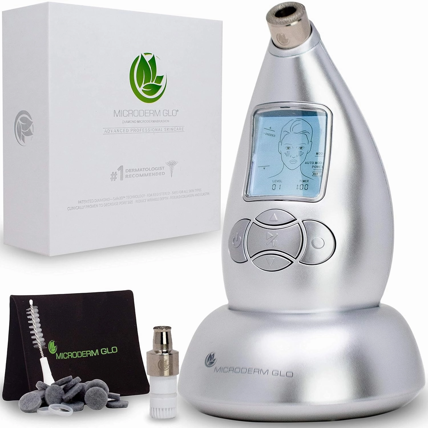Microderm GLO Diamond Microdermabrasion Machine and Suction Tool - Clinical Micro Dermabrasion Kit for Anti Aging, Advanced Home Facial Treatment System, Blackhead Remover & Exfoliator for Acne Scars