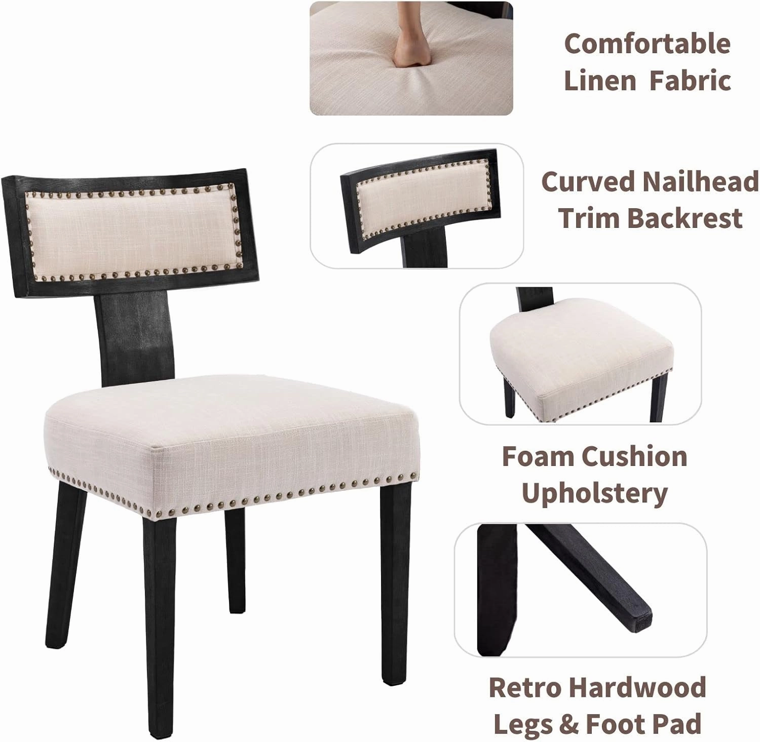 Mid Century Modern Dining Chairs Set of 6, Farmhouse Linen Fabric Upholstered Accent Chairs Curved Nailhead Trim Backrest Kitchen Chairs, with Black Hardwood Frame, Beige