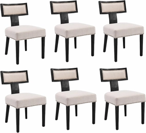 Mid Century Modern Dining Chairs Set of 6, Farmhouse Linen Fabric Upholstered Accent Chairs Curved Nailhead Trim Backrest Kitchen Chairs, with Black Hardwood Frame, Beige