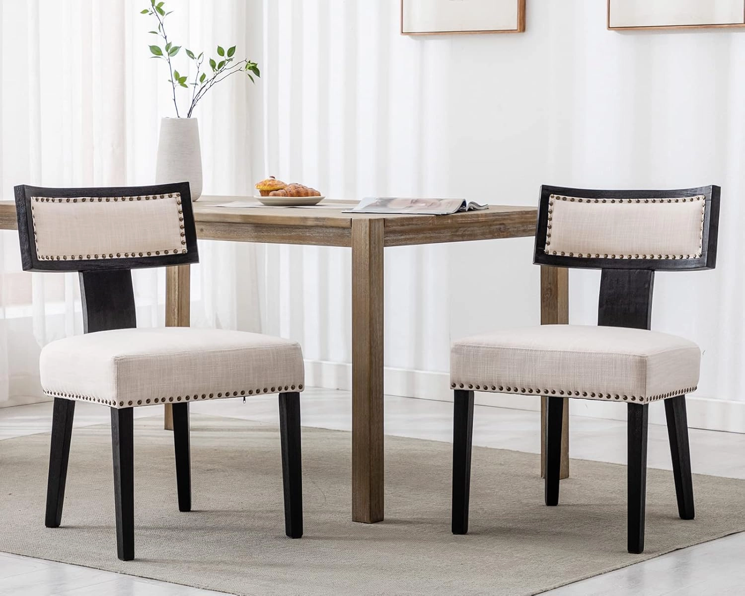 Mid Century Modern Dining Chairs Set of 6, Farmhouse Linen Fabric Upholstered Accent Chairs Curved Nailhead Trim Backrest Kitchen Chairs, with Black Hardwood Frame, Beige