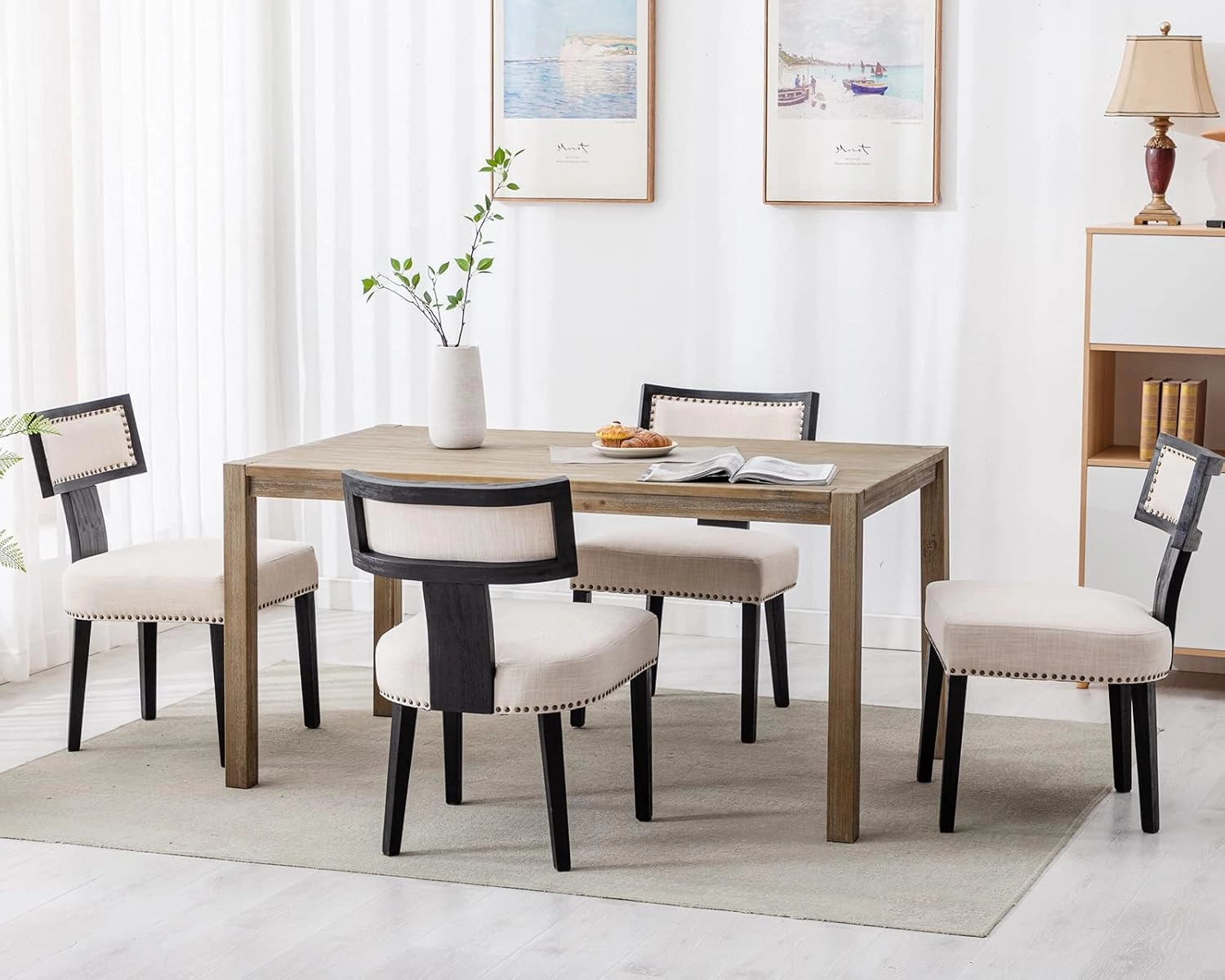 Mid Century Modern Dining Chairs Set of 6, Farmhouse Linen Fabric Upholstered Accent Chairs Curved Nailhead Trim Backrest Kitchen Chairs, with Black Hardwood Frame, Beige
