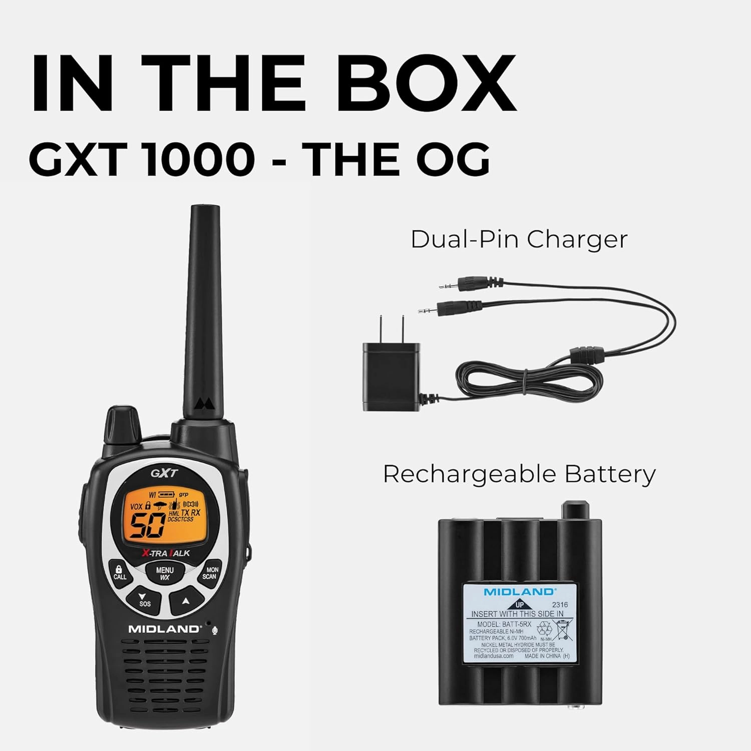 Midland GXT1000AZ GMRS Two-Way Radio (50-Channel, Long Range, 142 Privacy Codes, SOS, NOAA, Rechargeable Nickle Battery, Black/Silver, Single Pack)