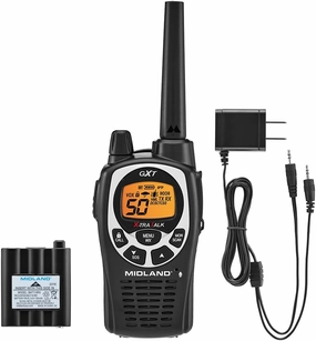 Midland GXT1000AZ GMRS Two-Way Radio (50-Channel, Long Range, 142 Privacy Codes, SOS, NOAA, Rechargeable Nickle Battery, Black/Silver, Single Pack)