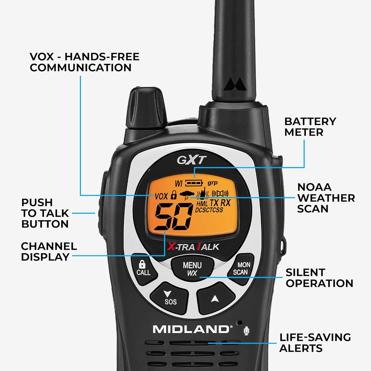 Midland GXT1000AZ GMRS Two-Way Radio (50-Channel, Long Range, 142 Privacy Codes, SOS, NOAA, Rechargeable Nickle Battery, Black/Silver, Single Pack)
