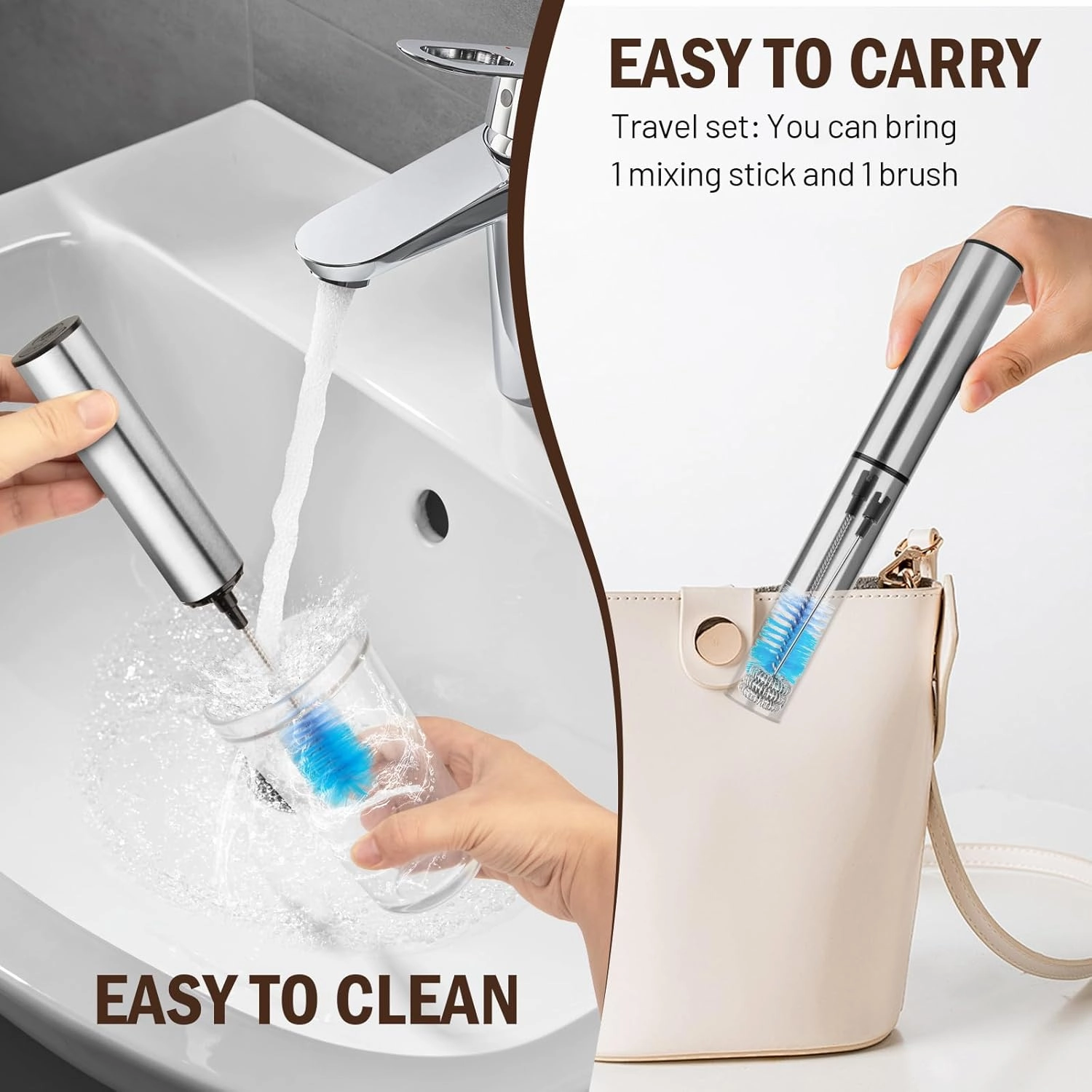 Milk Frother Wand for Coffee, Coffee Foamer Drink Mixer,Handheld Frother Rechargeable Electric Whisk with 5 Heads 2 Speeds for Latte, Cappuccino, Hot Chocolate, Egg(Home and Travel Set Silvery)