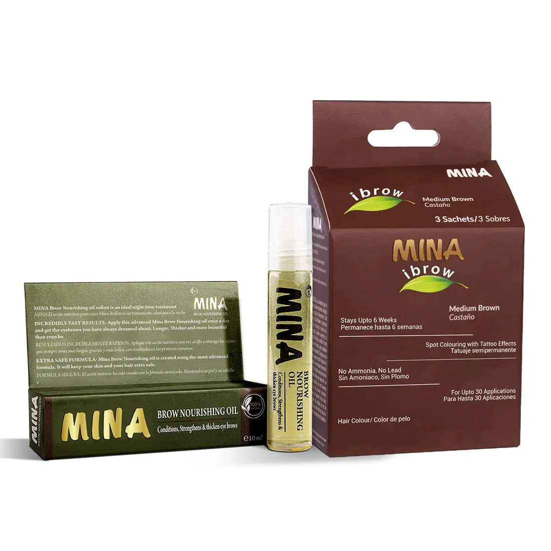 MINA ibrow Henna Medium Brown Tint Set with Nourishing Oil No Ammonia Vegan & Cruelty Free Up to 30 Applications Instant Eyebrow Tint Set with Tattoo Effect