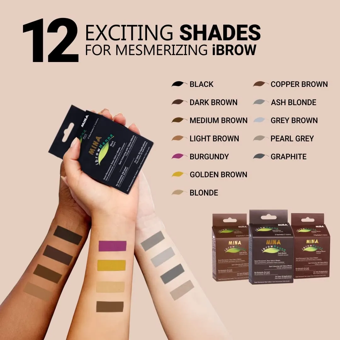 MINA ibrow Henna Medium Brown Tint Set with Nourishing Oil No Ammonia Vegan & Cruelty Free Up to 30 Applications Instant Eyebrow Tint Set with Tattoo Effect