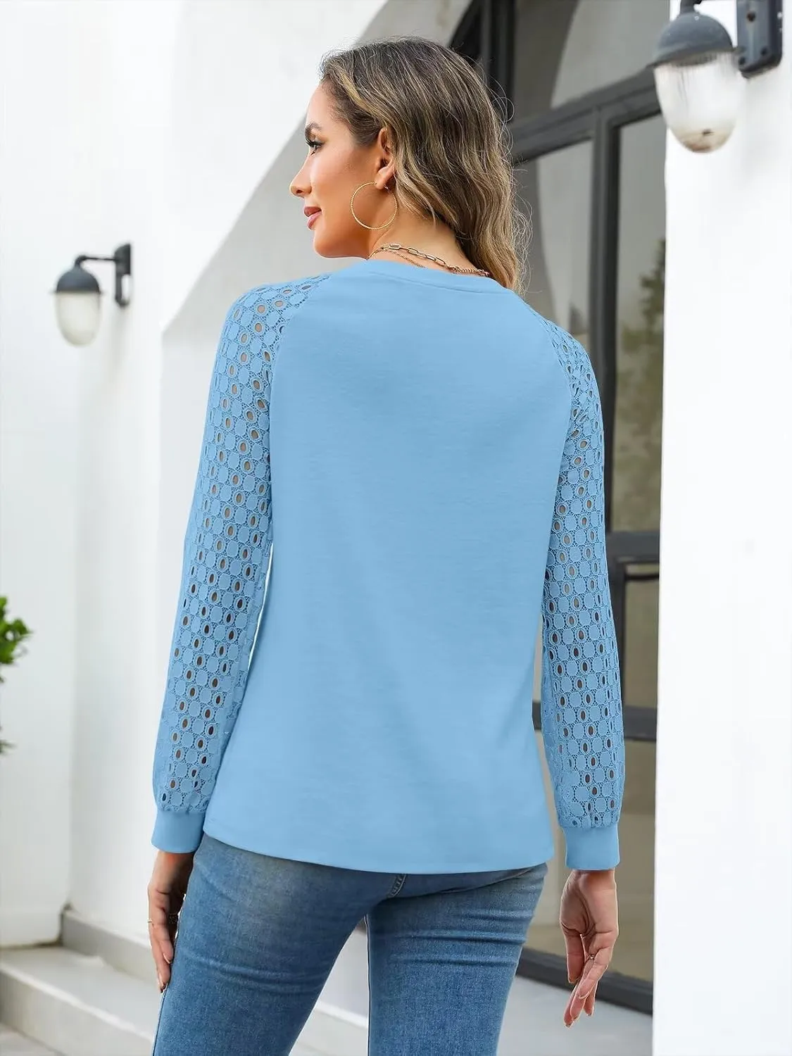Minetom Women's Lace Long Sleeve Tops Henley Shirts Casual Blouses T Shirts Fall Clothes