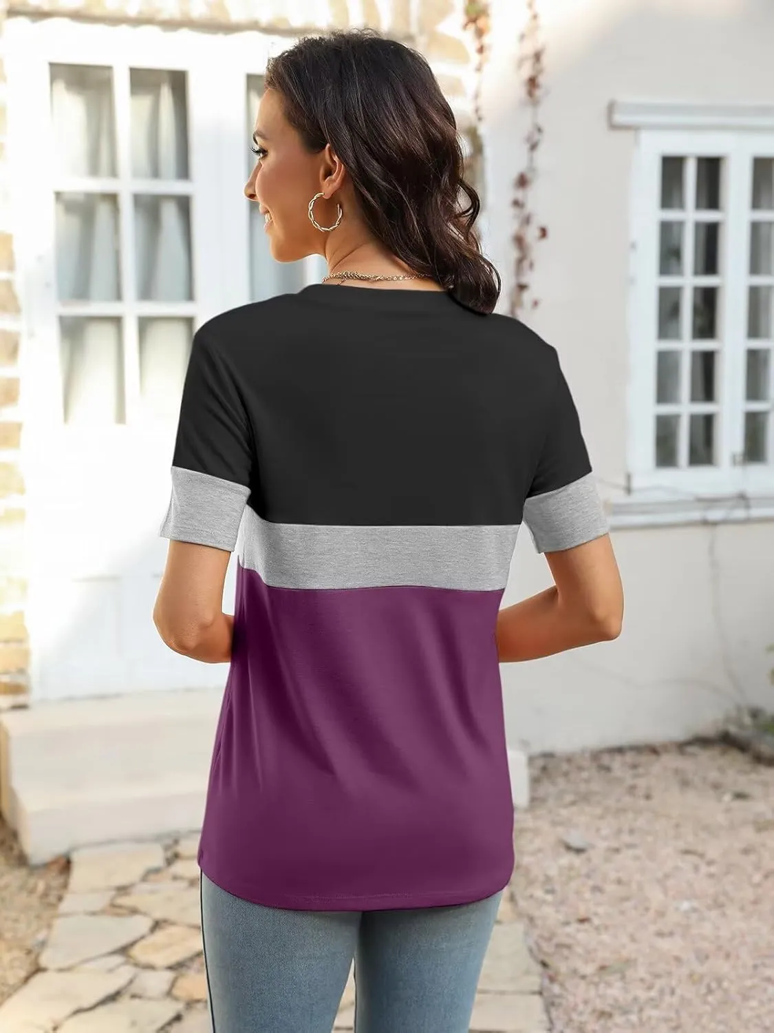 Minetom Women’s T Shirts Color Block Short Sleeve Tops Casual Summer Tees