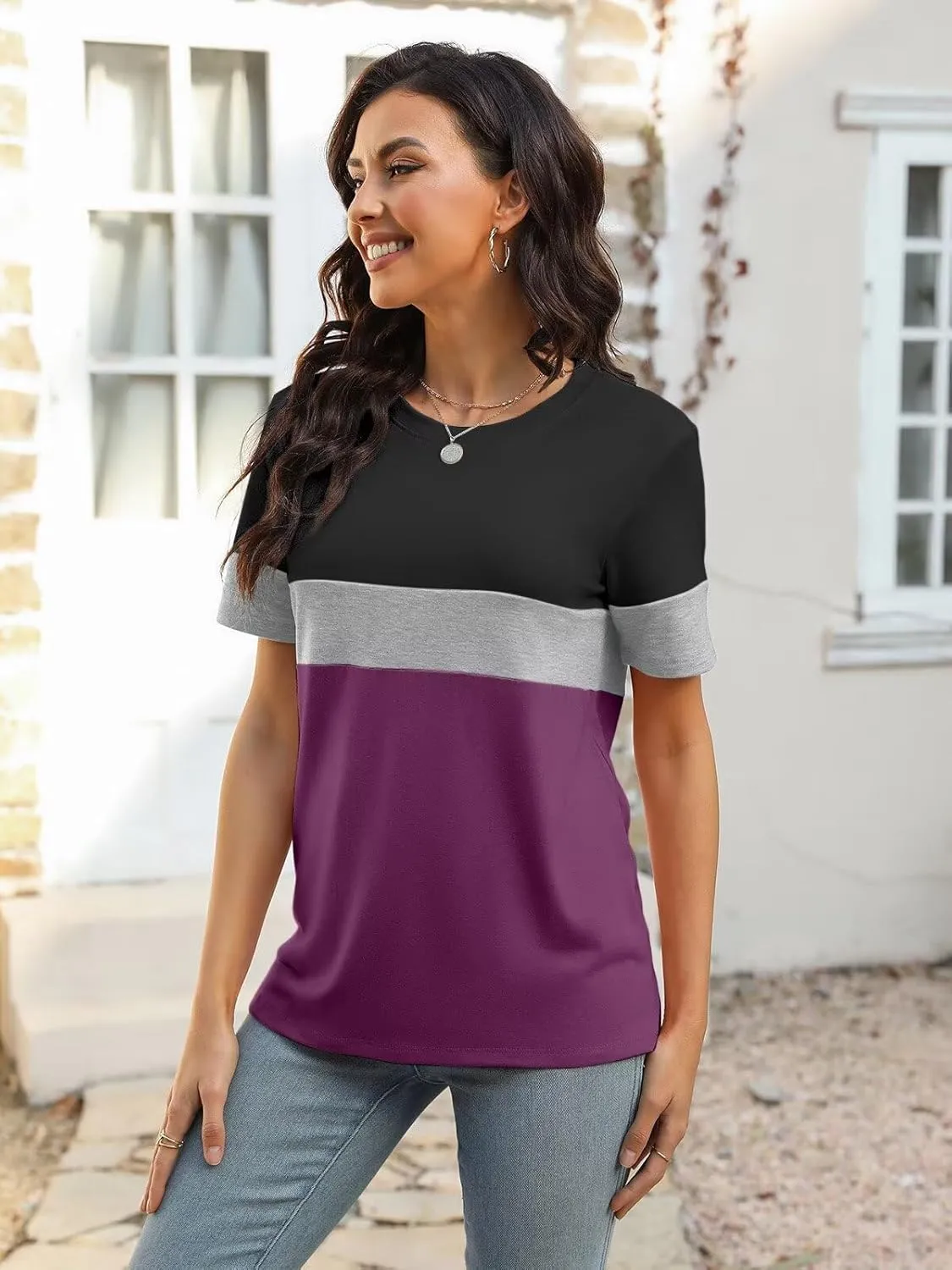 Minetom Women’s T Shirts Color Block Short Sleeve Tops Casual Summer Tees