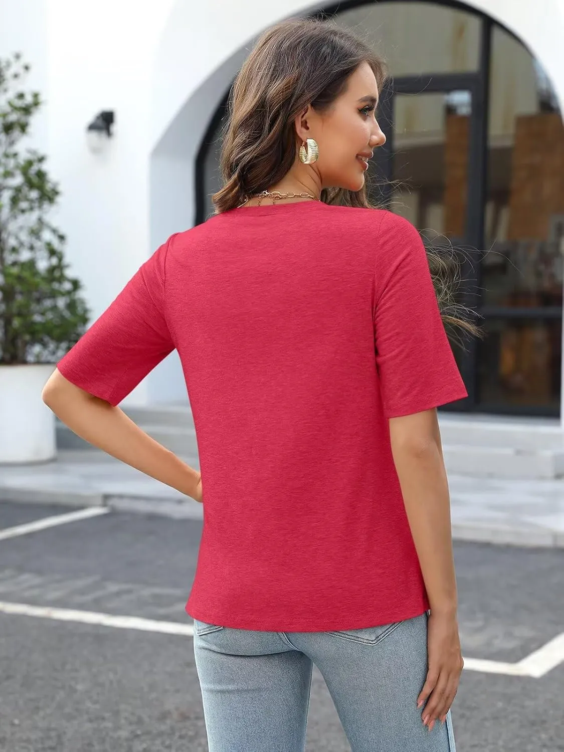 Minetom Women's V Neck T Shirts Casual Half Sleeve Tops Basic Summer Tees