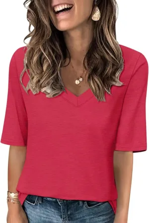 Minetom Women's V Neck T Shirts Casual Half Sleeve Tops Basic Summer Tees