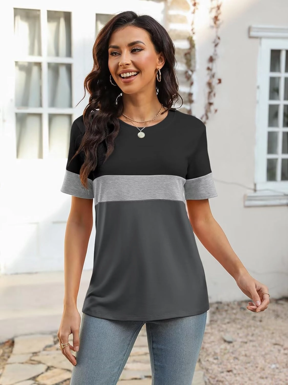 Minetom Women’s T Shirts Color Block Short Sleeve Tops Casual Summer Tees