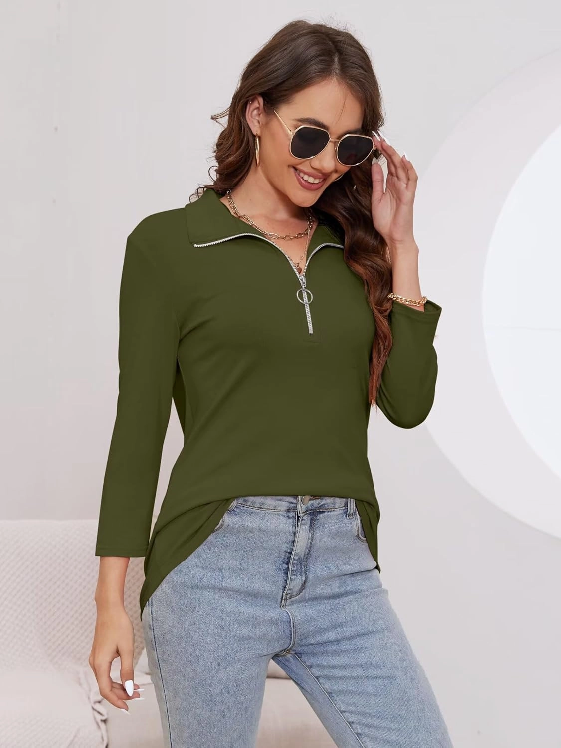 Minetom Women's V Neck 3/4 Sleeve Tops Quarter Zip Collared Shirts Polo Shirts Summer Tees