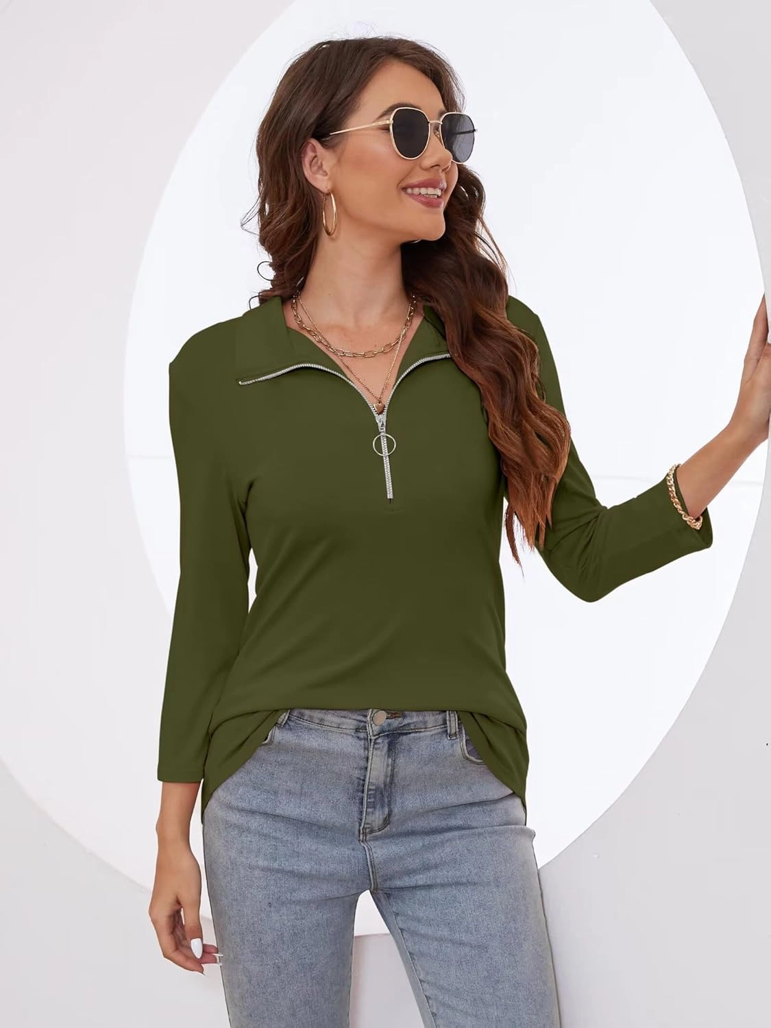 Minetom Women's V Neck 3/4 Sleeve Tops Quarter Zip Collared Shirts Polo Shirts Summer Tees