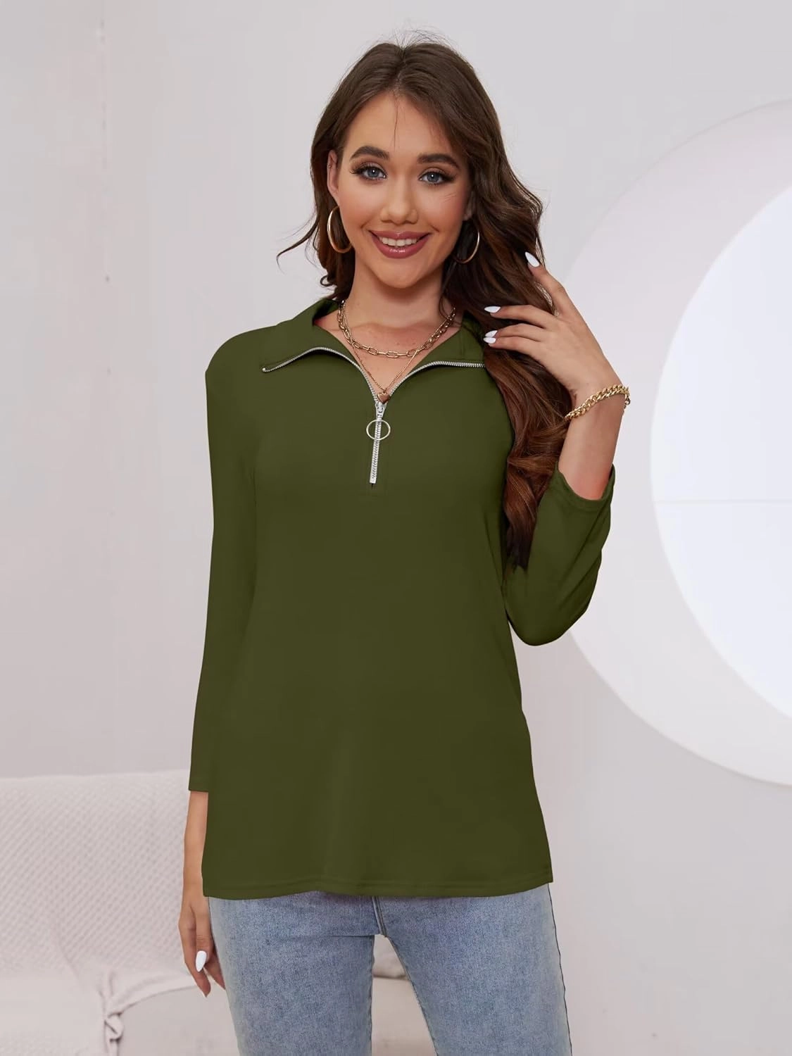 Minetom Women's V Neck 3/4 Sleeve Tops Quarter Zip Collared Shirts Polo Shirts Summer Tees
