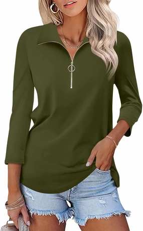 Minetom Women's V Neck 3/4 Sleeve Tops Quarter Zip Collared Shirts Polo Shirts Summer Tees