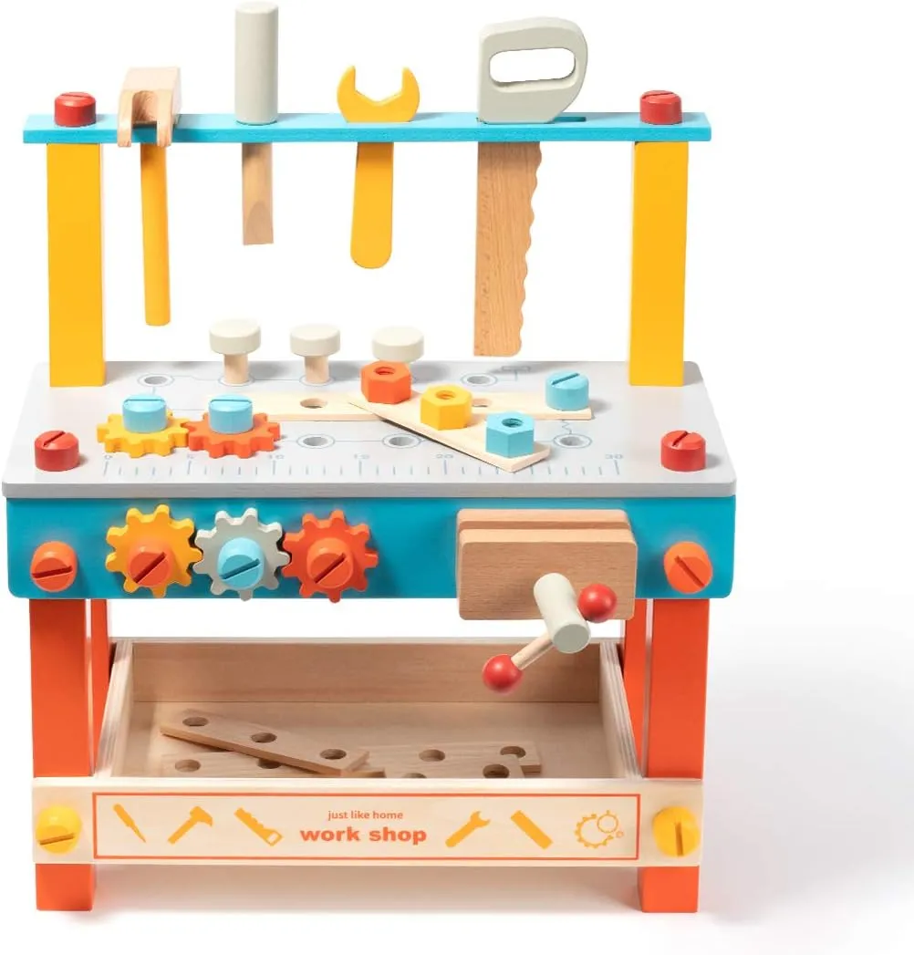 Mini Wooden Play Tool Workbench Set for Kids & Toddlers,Building Pretend-Play-Toys with Wrench,Screwdriver,Miter Saw and Hammer,Birthday for Boys Girls 3 Year Old and Up