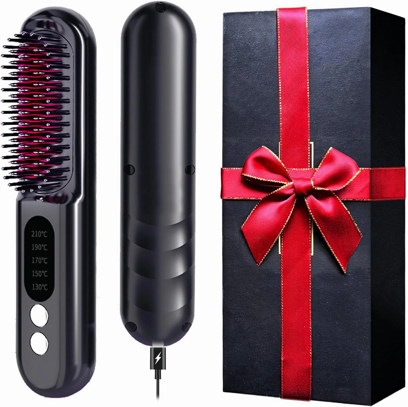 Mini Cordless Hair Straightener Brush Pro A , Portable Straightening Brush for Travel, Ionic Hot Comb Straightener, USB Rechargeable, It can be Used While Charging, Gifts for Women. (Black)