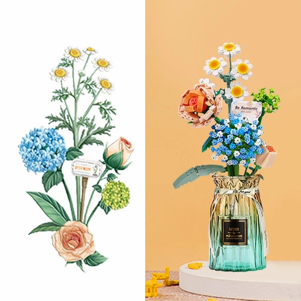 MOC NON  Building Blocks Bouquet 3D Flower Model &#39;s DIY Interactive Toys Home Decoration Plant Potted Plants for Kids Toy