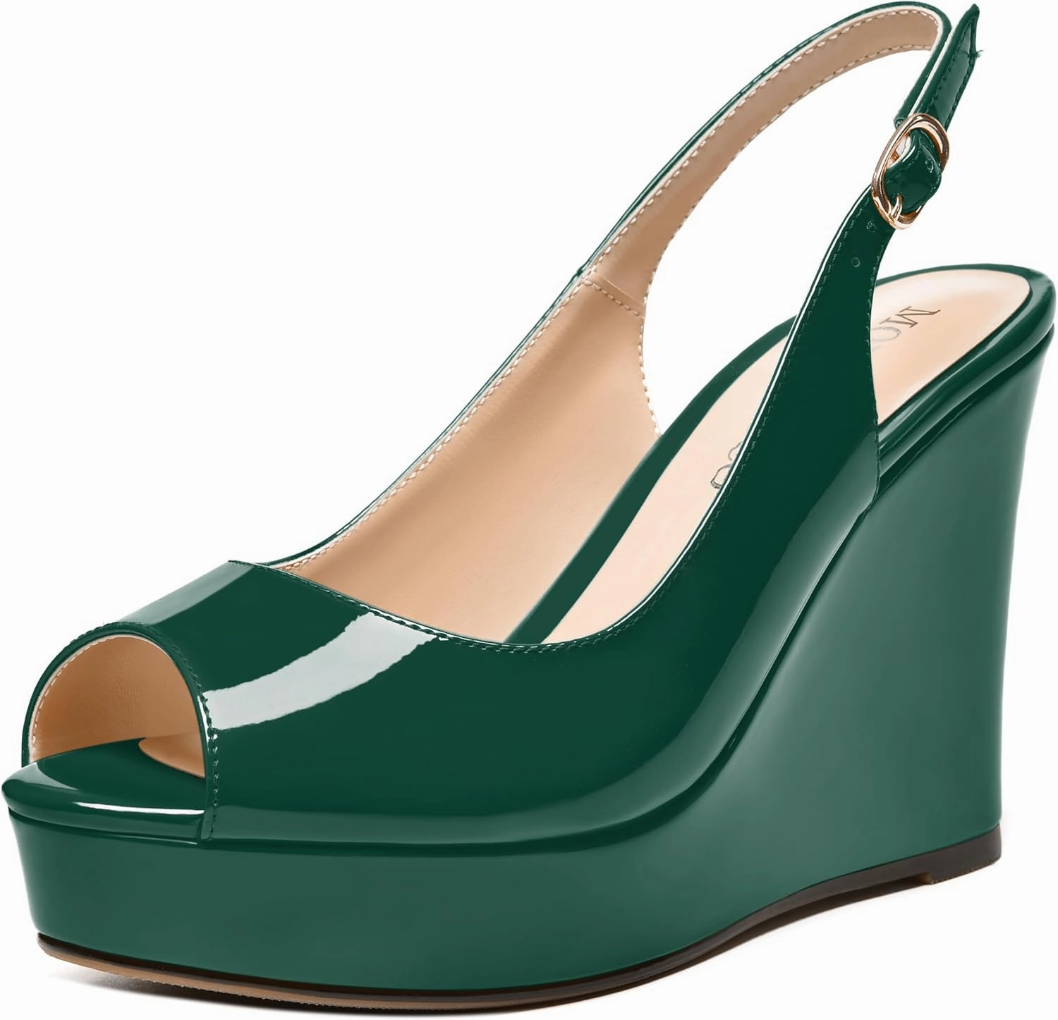MODENCOCO Womens Buckle Patent Wedding Dress Slingback Platform Peep Toe Comfortable Wedge High Heel Pumps Shoes 4 Inch