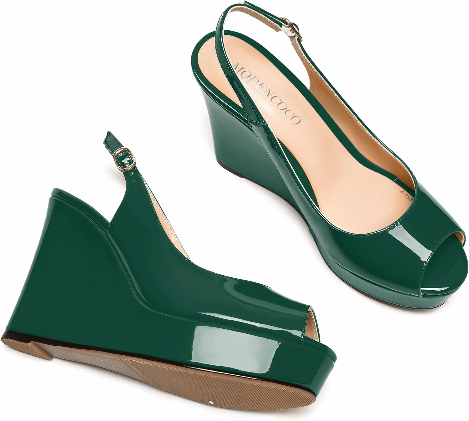 MODENCOCO Womens Buckle Patent Wedding Dress Slingback Platform Peep Toe Comfortable Wedge High Heel Pumps Shoes 4 Inch