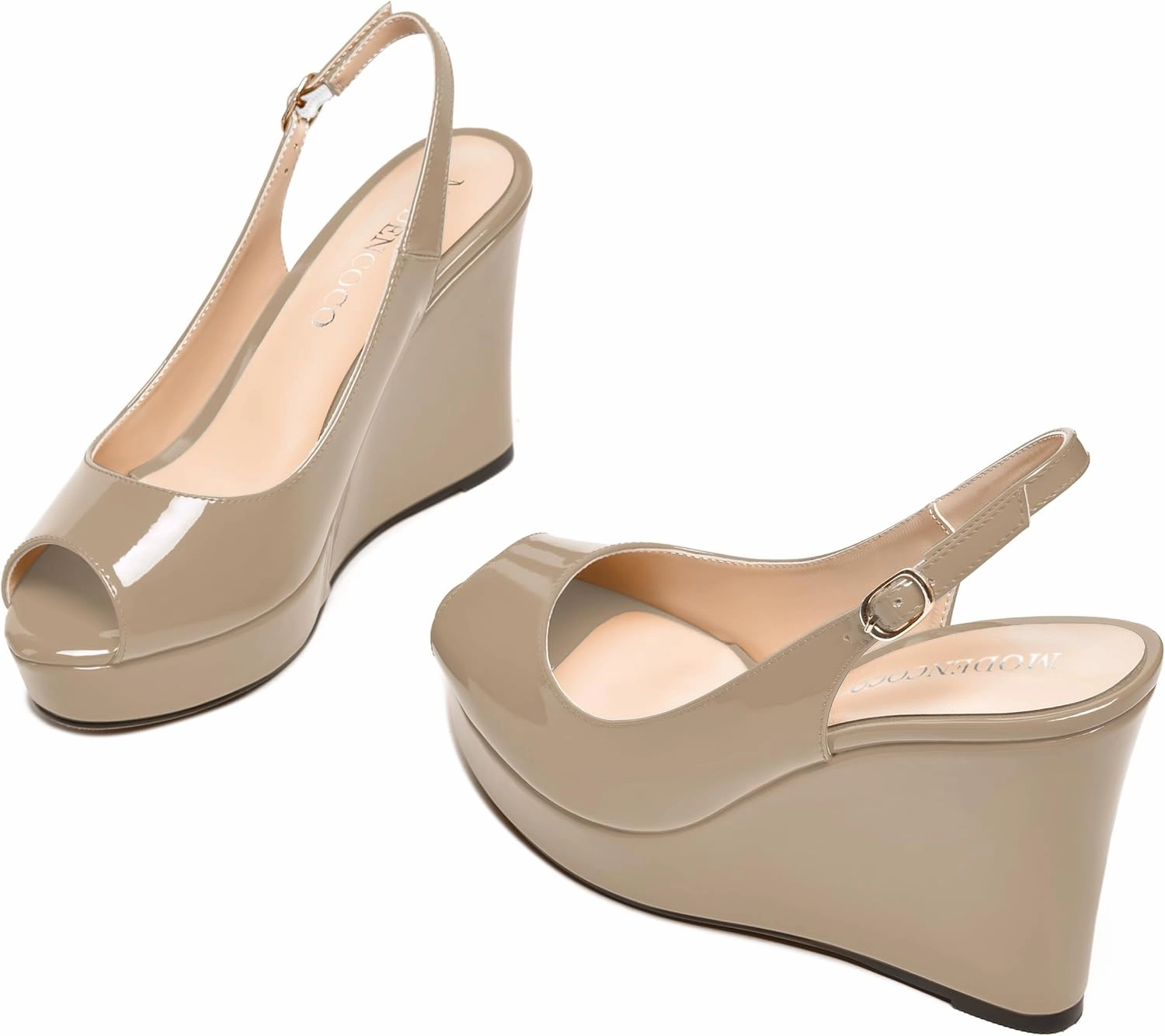 MODENCOCO Womens Buckle Patent Wedding Dress Slingback Platform Peep Toe Comfortable Wedge High Heel Pumps Shoes 4 Inch