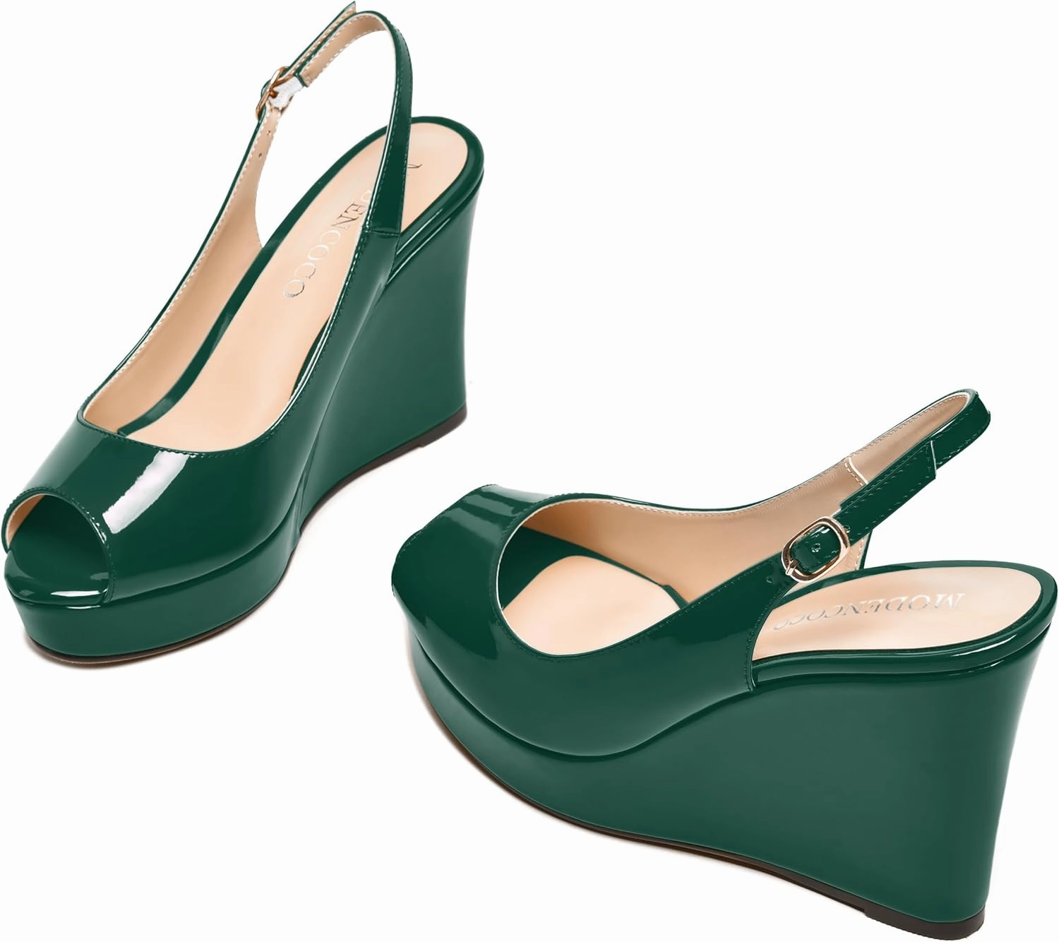 MODENCOCO Womens Buckle Patent Wedding Dress Slingback Platform Peep Toe Comfortable Wedge High Heel Pumps Shoes 4 Inch