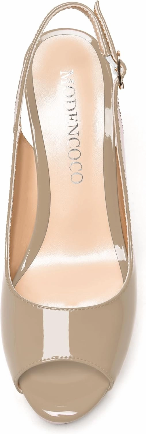 MODENCOCO Womens Buckle Patent Wedding Dress Slingback Platform Peep Toe Comfortable Wedge High Heel Pumps Shoes 4 Inch