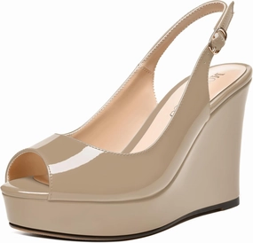 MODENCOCO Womens Buckle Patent Wedding Dress Slingback Platform Peep Toe Comfortable Wedge High Heel Pumps Shoes 4 Inch