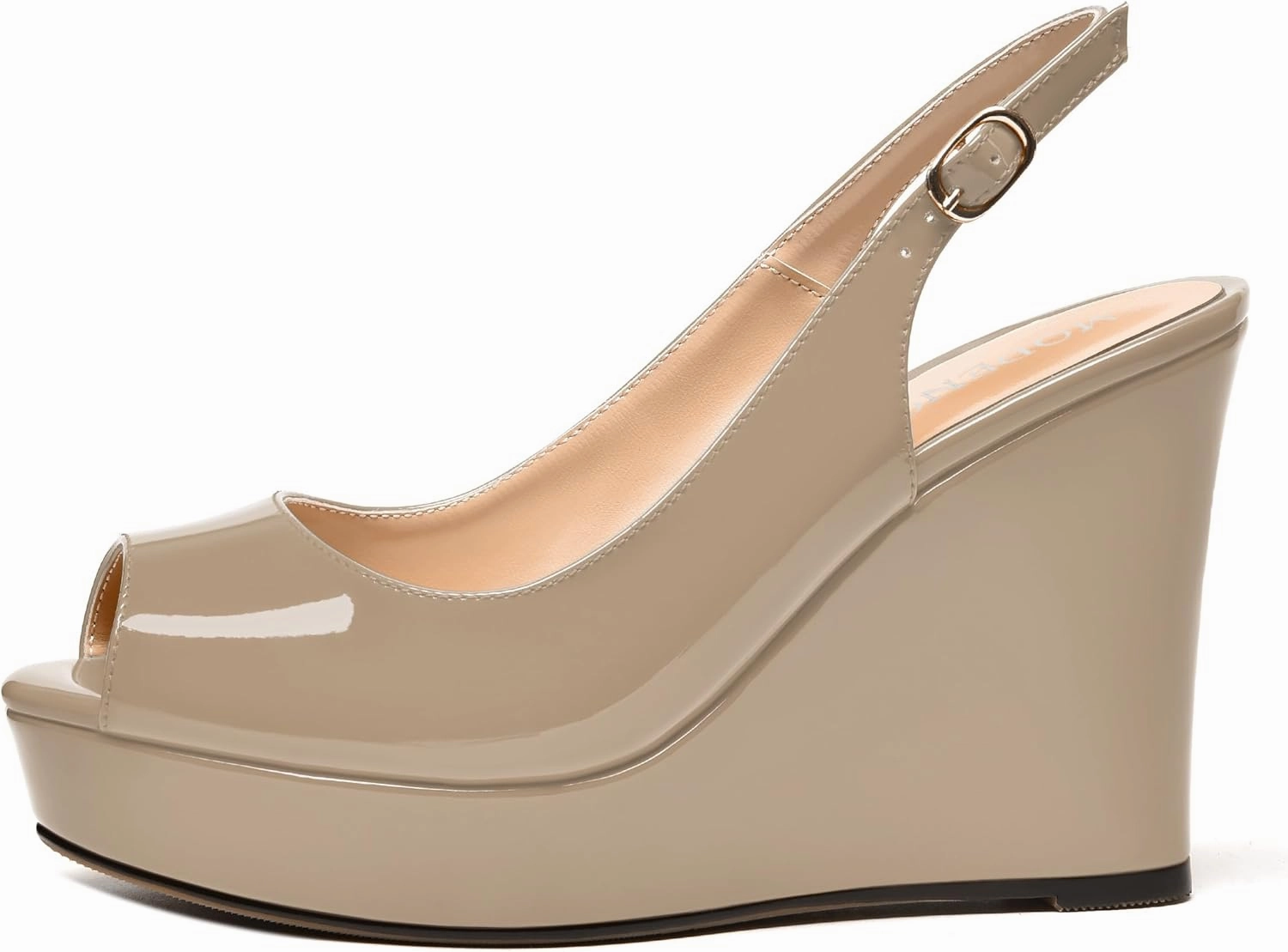 MODENCOCO Womens Buckle Patent Wedding Dress Slingback Platform Peep Toe Comfortable Wedge High Heel Pumps Shoes 4 Inch