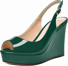 MODENCOCO Womens Buckle Patent Wedding Dress Slingback Platform Peep Toe Comfortable Wedge High Heel Pumps Shoes 4 Inch