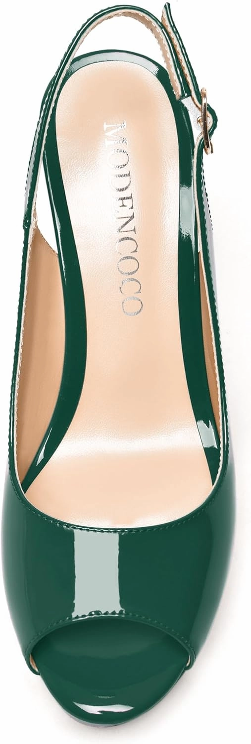 MODENCOCO Womens Buckle Patent Wedding Dress Slingback Platform Peep Toe Comfortable Wedge High Heel Pumps Shoes 4 Inch