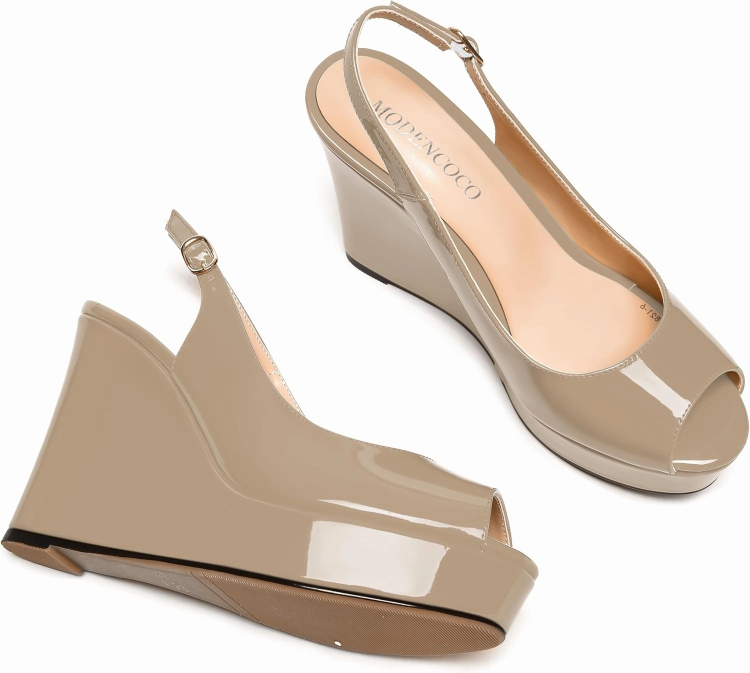 MODENCOCO Womens Buckle Patent Wedding Dress Slingback Platform Peep Toe Comfortable Wedge High Heel Pumps Shoes 4 Inch