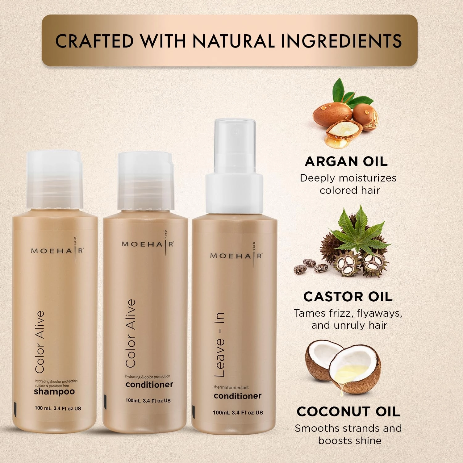 MOEHAIR Travel Pack: Color Alive Shampoo, Conditioner and Leave-in Conditioner - Complete Color-Safe Haircare Solution for Colored Hair
